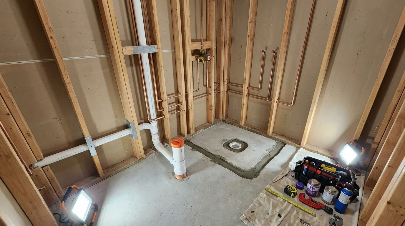 Bathroom rough-in plumbing during remodel by Johns Plumbing LLC in Wink