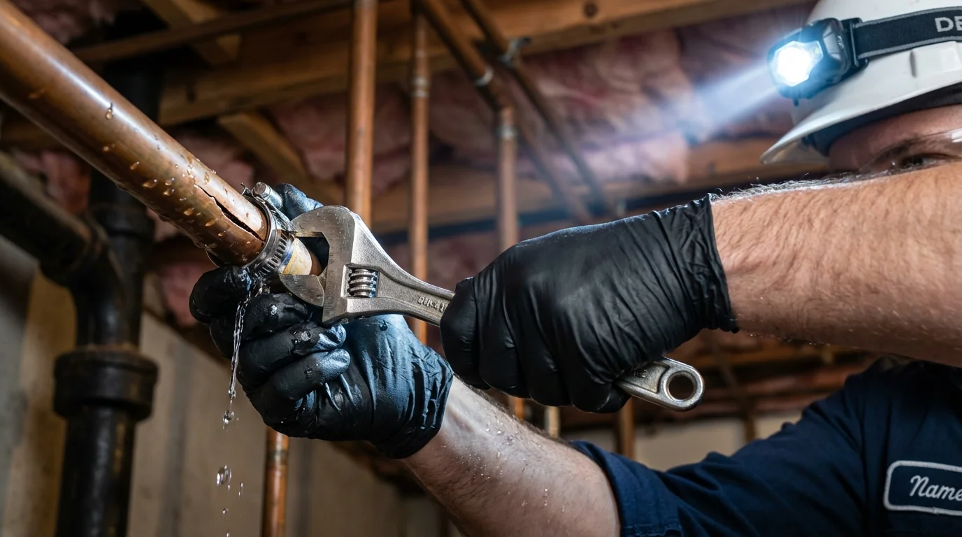 Emergency pipe clamp repair being performed by a Johns Plumbing LLC plumber in Wink