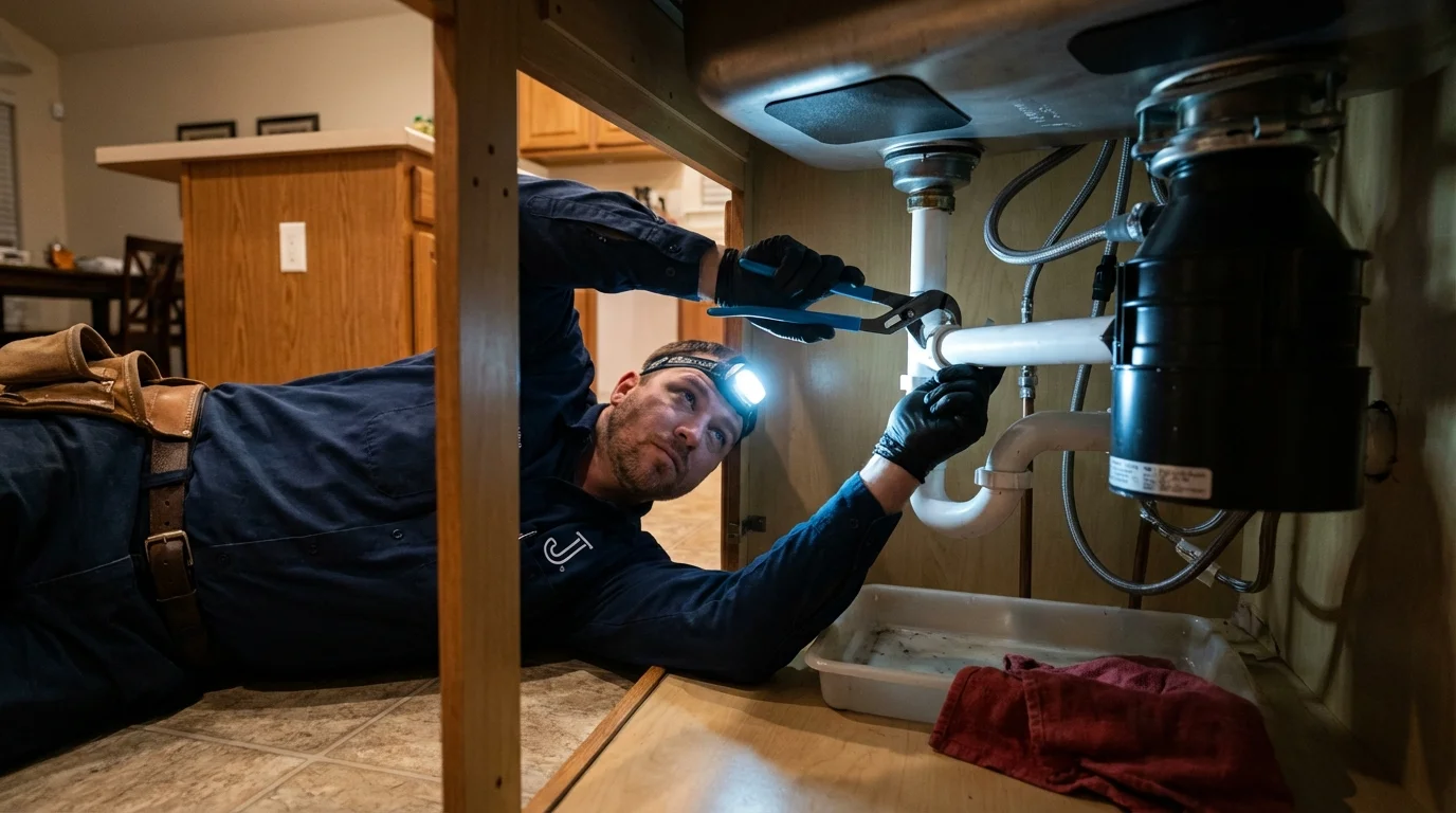 P-trap and supply line connections under a kitchen sink showing a common leak point in Wink, TX